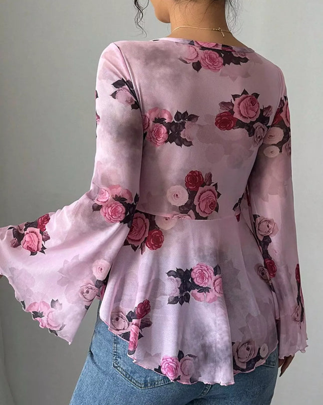 Floral Print Tie Front Flare Sleeve Blouse