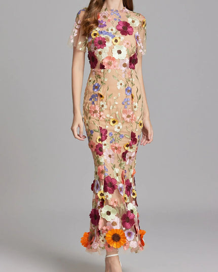 Floral Embroidered Mesh Overlay Maxi Dress