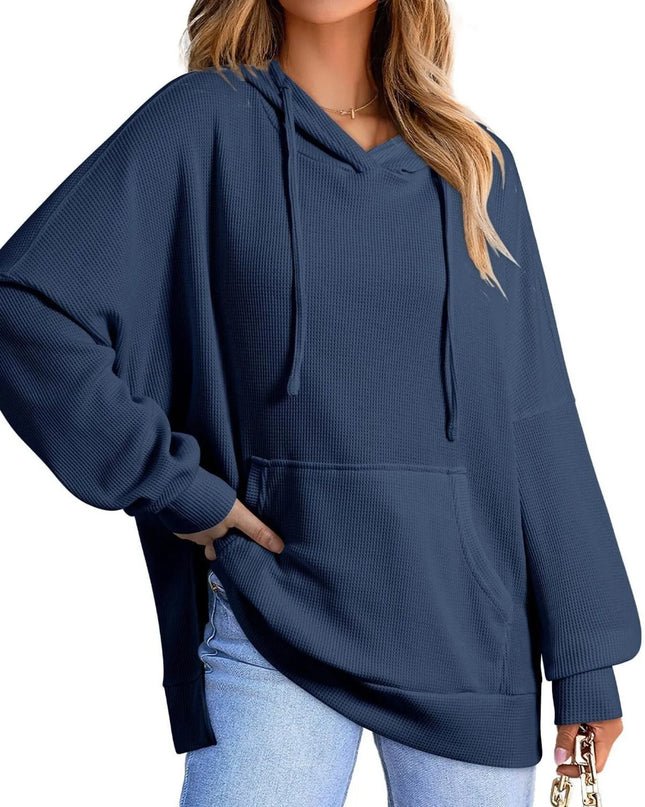 Slit Drawstring Waffle Knit Hoodie Navy Blue