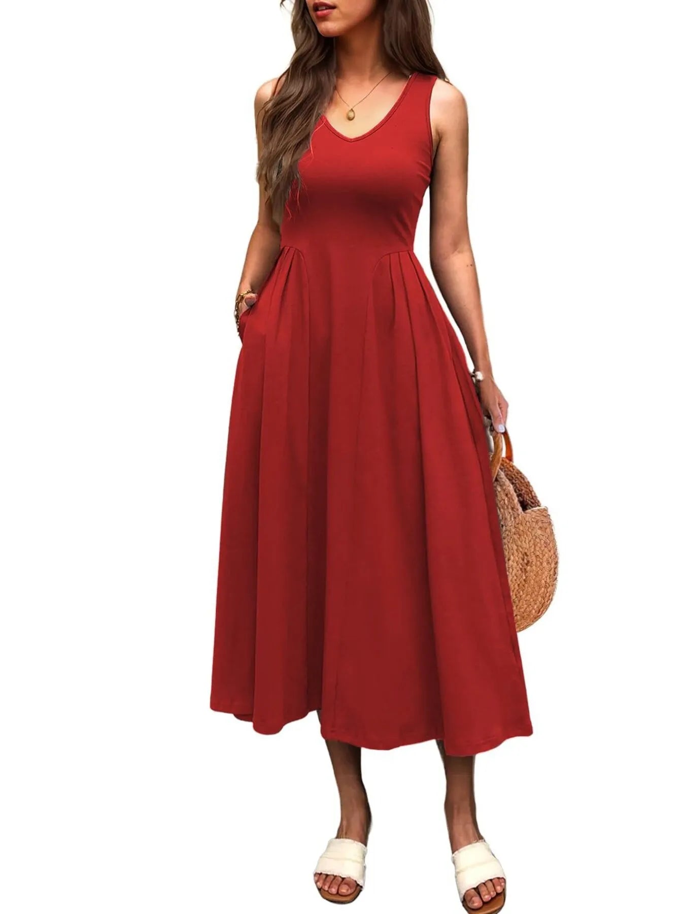 V-Neck Midi Tank Dress Red