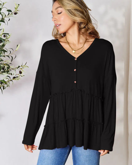 Double Take Half Button Long Sleeve Ruffle Hem Blouse
