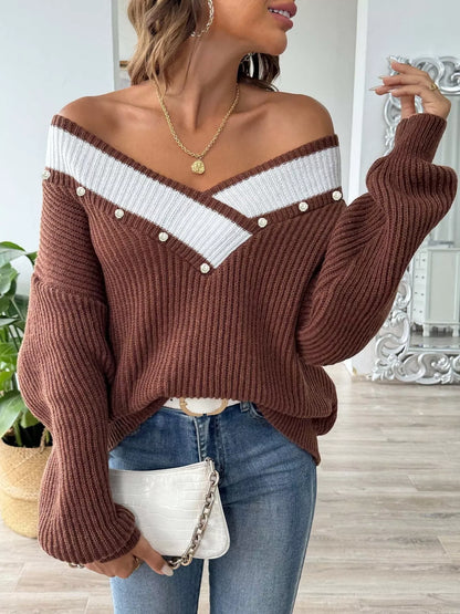 V-Neck Button-Decorated Sweater