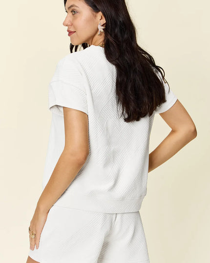 Double Take Full Size Texture Short Sleeve T-Shirt and Drawstring Shorts Set 