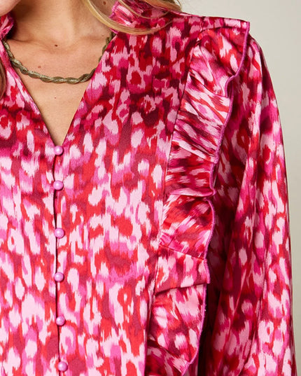 Double Take Full Size Printed Ruffle Trim Balloon Sleeve Shirt