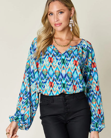 Double Take Full Size Printed Balloon Sleeve Blouse