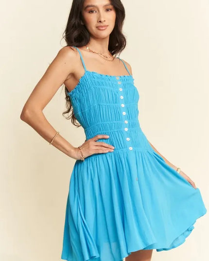 Davi & Dani Smocking Bodice Sleeveless Button Down Mini Dress