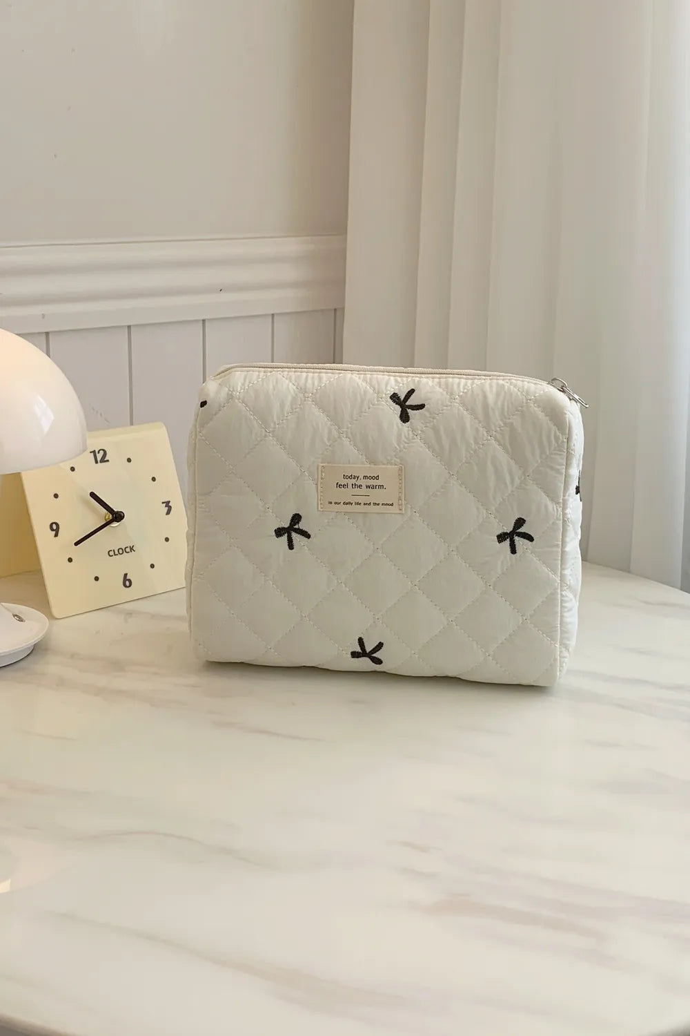 Bow Embroidered Quilted Storage Bag Beige One Size