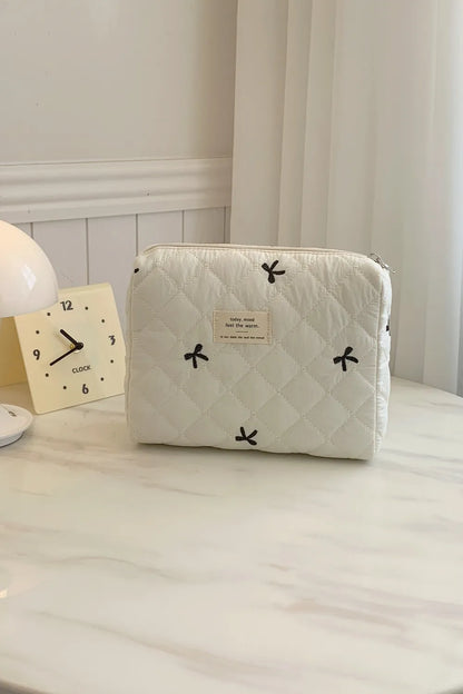 Bow Embroidered Quilted Storage Bag Beige One Size