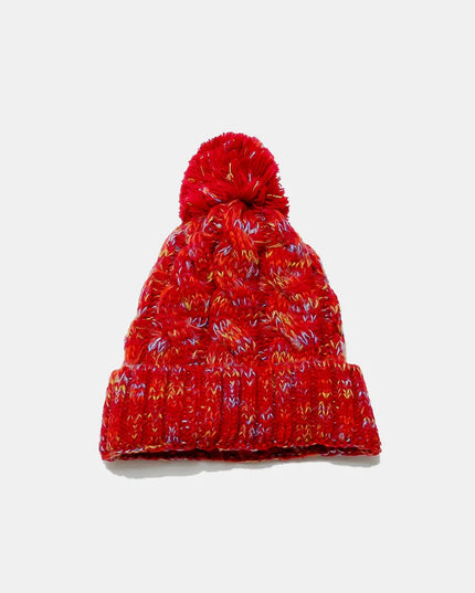 Contrast Cable-Knit Hat with Pompom Deep Red One Size