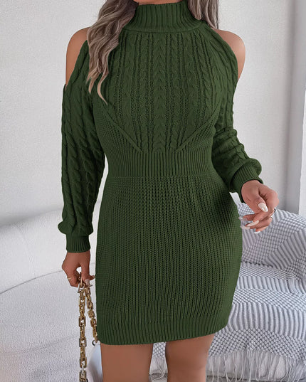 Cold Shoulder Cable Knit Turtleneck Sweater Dress