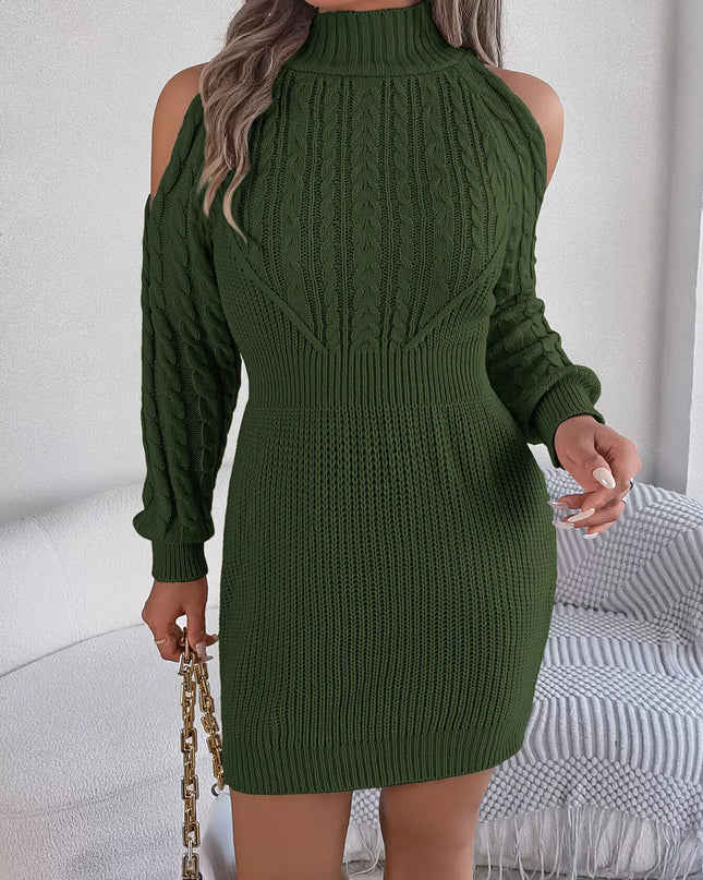 Cold Shoulder Cable Knit Turtleneck Sweater Dress
