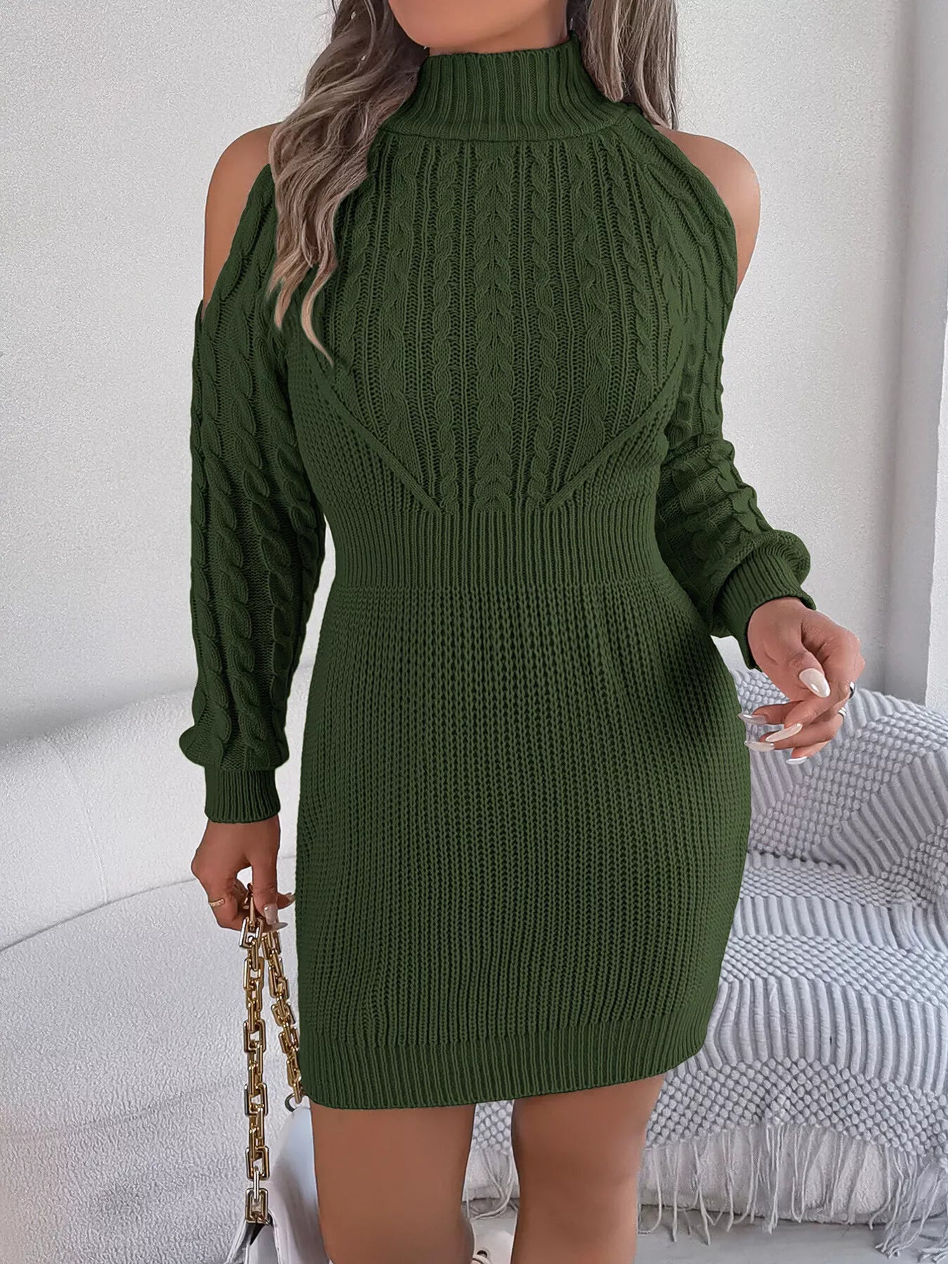 Cold Shoulder Cable Knit Turtleneck Sweater Dress