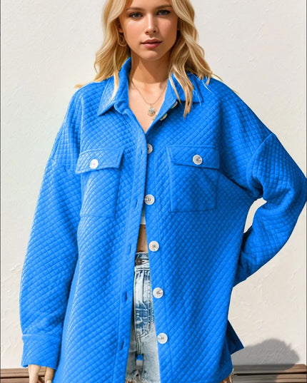 Double Take Full Size Textured Button Up Drop Shoulder Shacket Blue