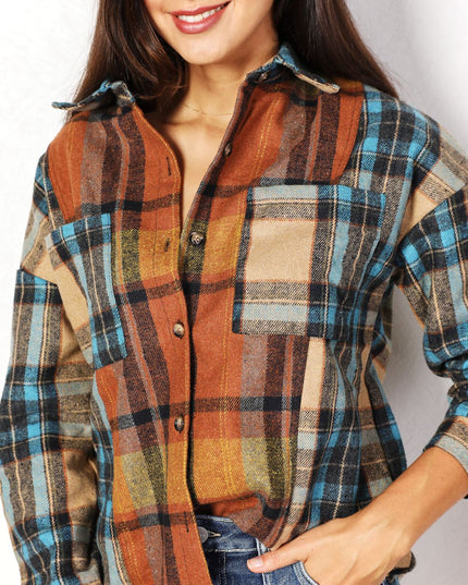 Double Take Plaid Curved Hem Shirt Jacket with Breast Pockets