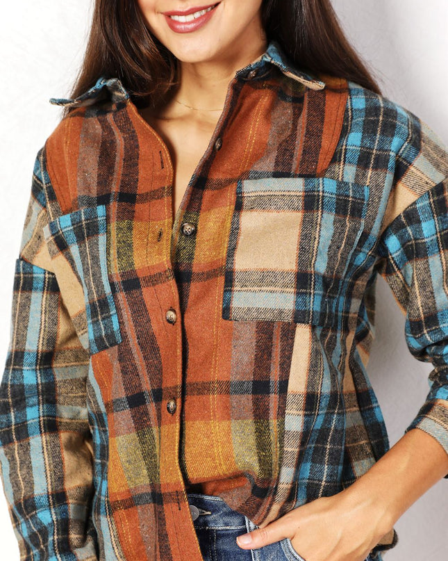 Double Take Plaid Curved Hem Shirt Jacket with Breast Pockets
