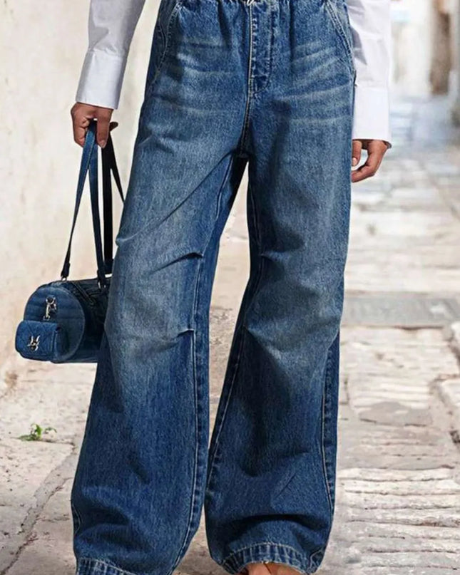 Drawstring Waist Wide Leg Shirred Jeans