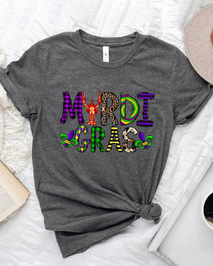 MARDI GRAS Round Neck Short Sleeve T-Shirt Dark Gray