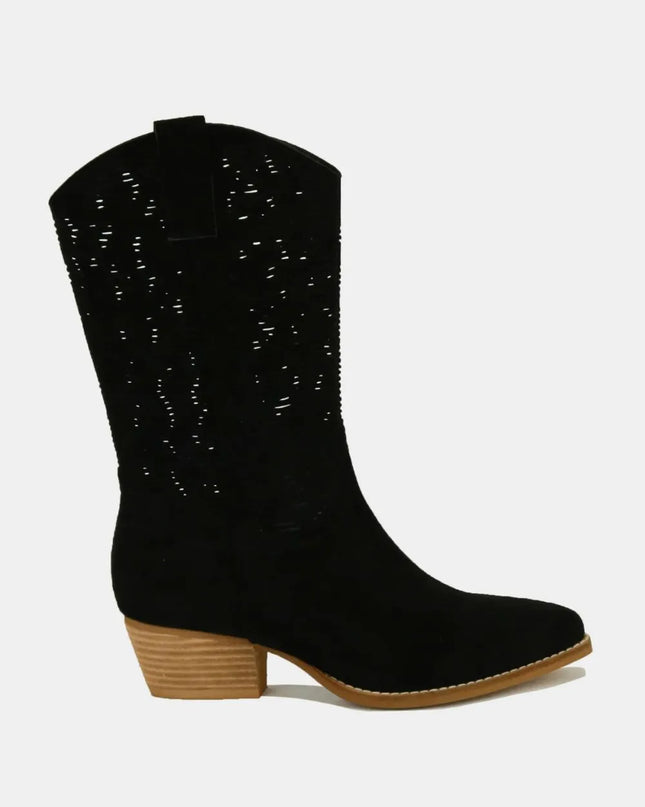 Beast Fashion Faux Suede Laser Cut Detail Block Heel Boots Black