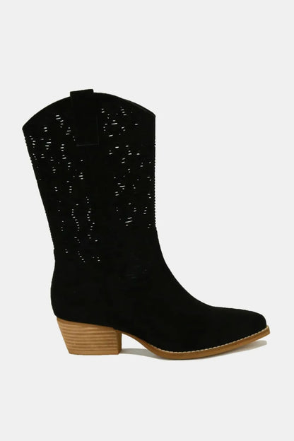 Beast Fashion Faux Suede Laser Cut Detail Block Heel Boots Black