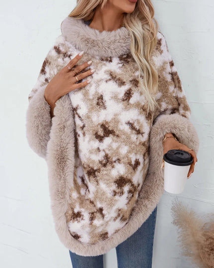 Furry Contrast Three-Quarter Poncho