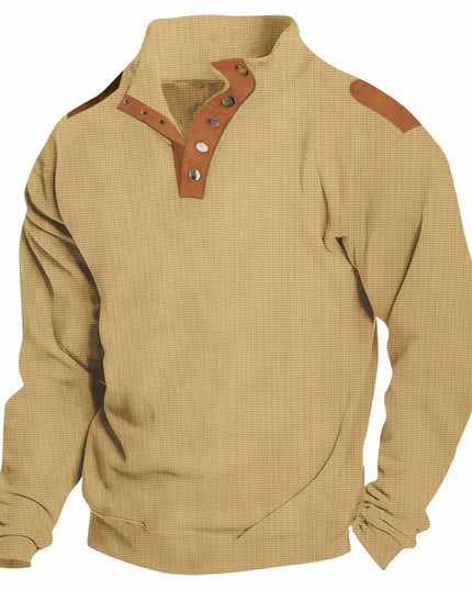 Men's Full Size Stand Collar Long Sleeve Polo Plus Size Tan