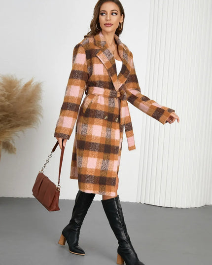 Tied Plaid Collared Neck Coat