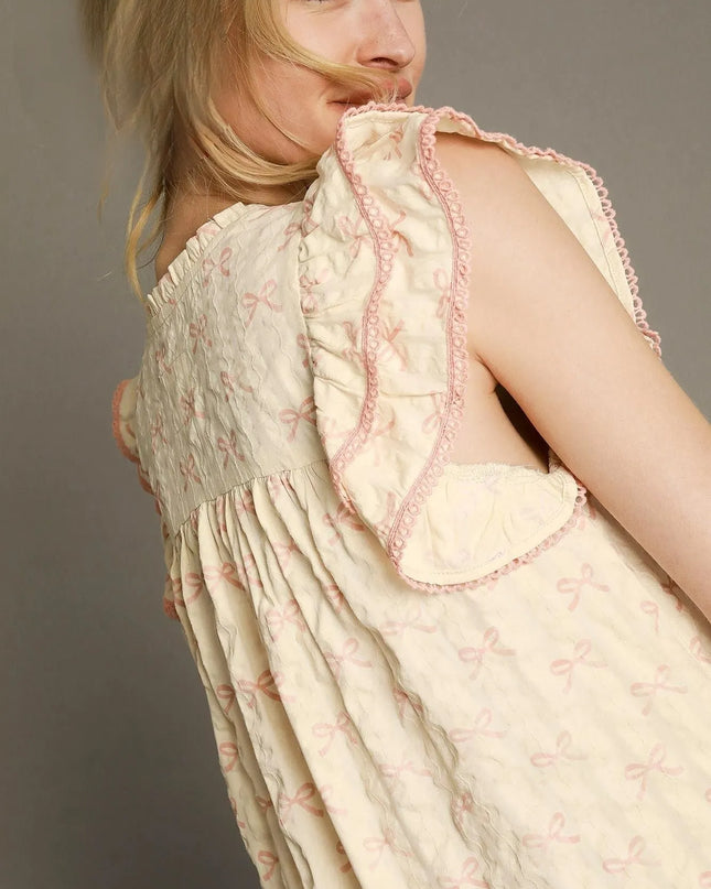 Umgee Bow Print Ruffled Cap Sleeve Mini Dress