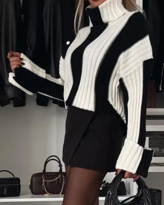 Color Block Ribbed Turtleneck Sweater