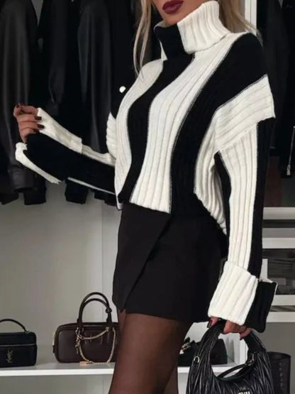 Color Block Ribbed Turtleneck Sweater