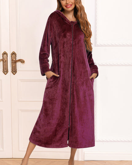 Zip Front Hooded Night Dress with Pockets Wine