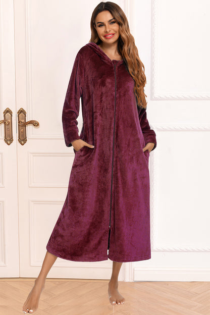 Zip Front Hooded Night Dress with Pockets Wine