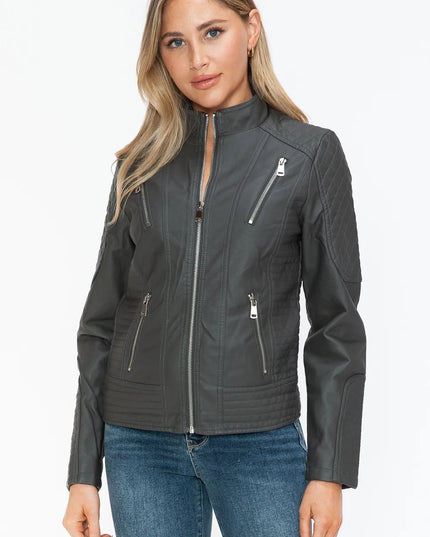 Snobbish Faux Leather Zip Up Mock Neck Jacket