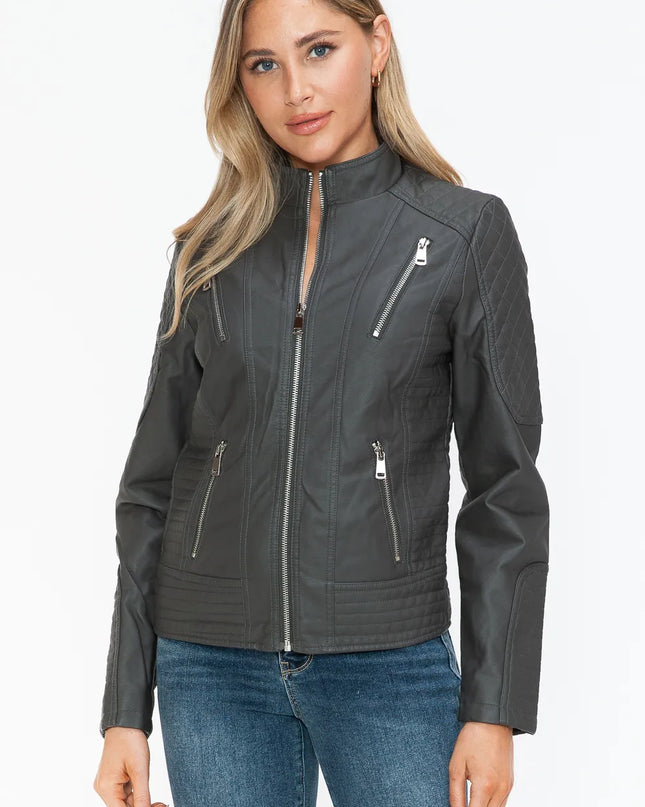 Snobbish Faux Leather Zip Up Mock Neck Jacket