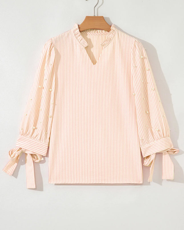 Stripe Bow Knot Cuff Pearl Embellished Puff Sleeve V Neck Blouse