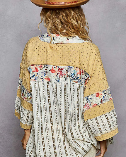 POL Raw Edge Open Front Patchwork Cardigan with Floral Trim