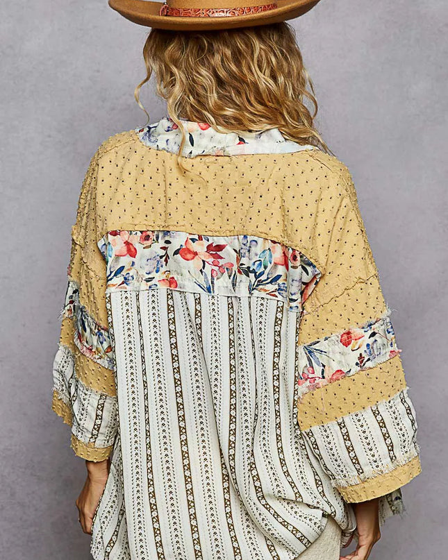 POL Raw Edge Open Front Patchwork Cardigan with Floral Trim