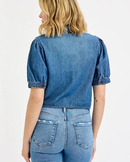 RISEN Button Down Puff Sleeve Crop Denim Shirt