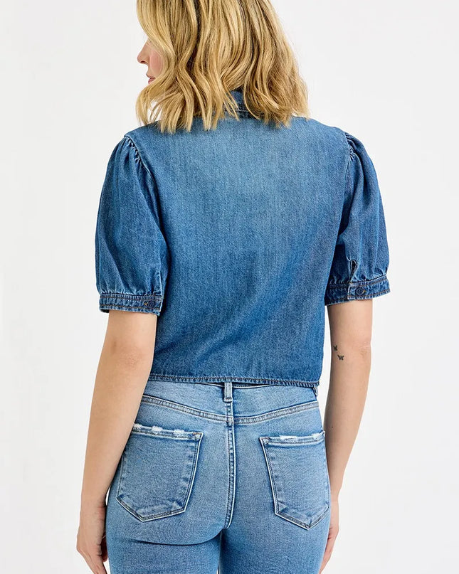 RISEN Button Down Puff Sleeve Crop Denim Shirt