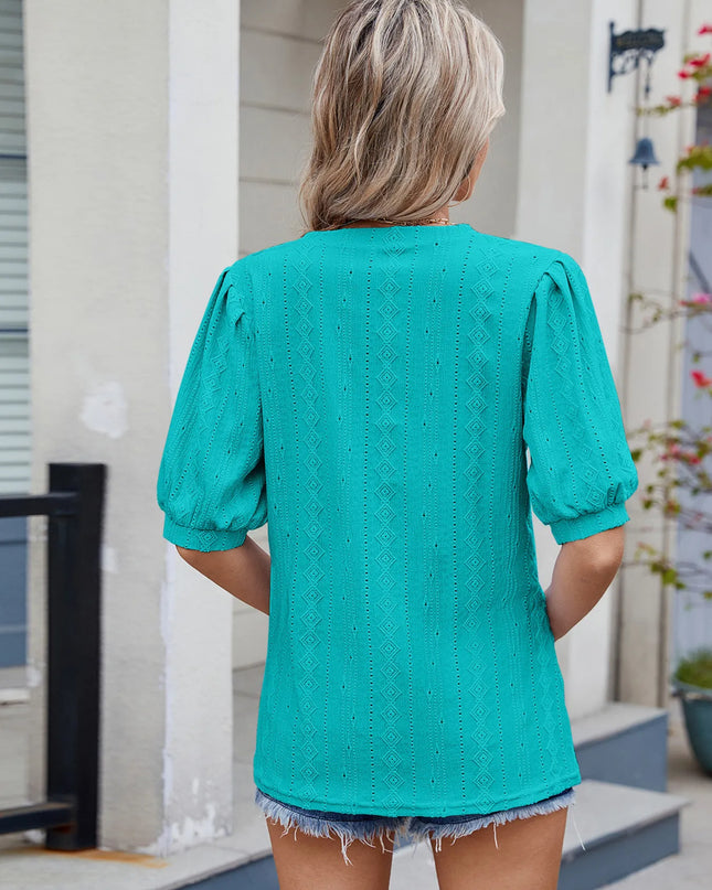 Eyelet V-Neck Puff Sleeve Casual Top 
