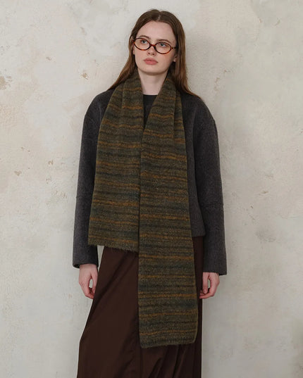 Striped Detail Knit Scarf Olive One Size