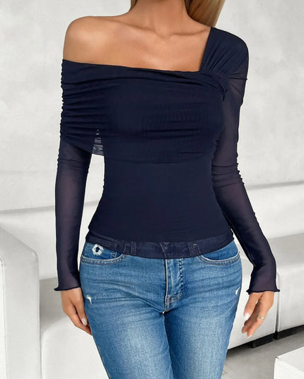 Devine Ruched Asymmetrical Long Sleeve T-Shirt Dark Blue