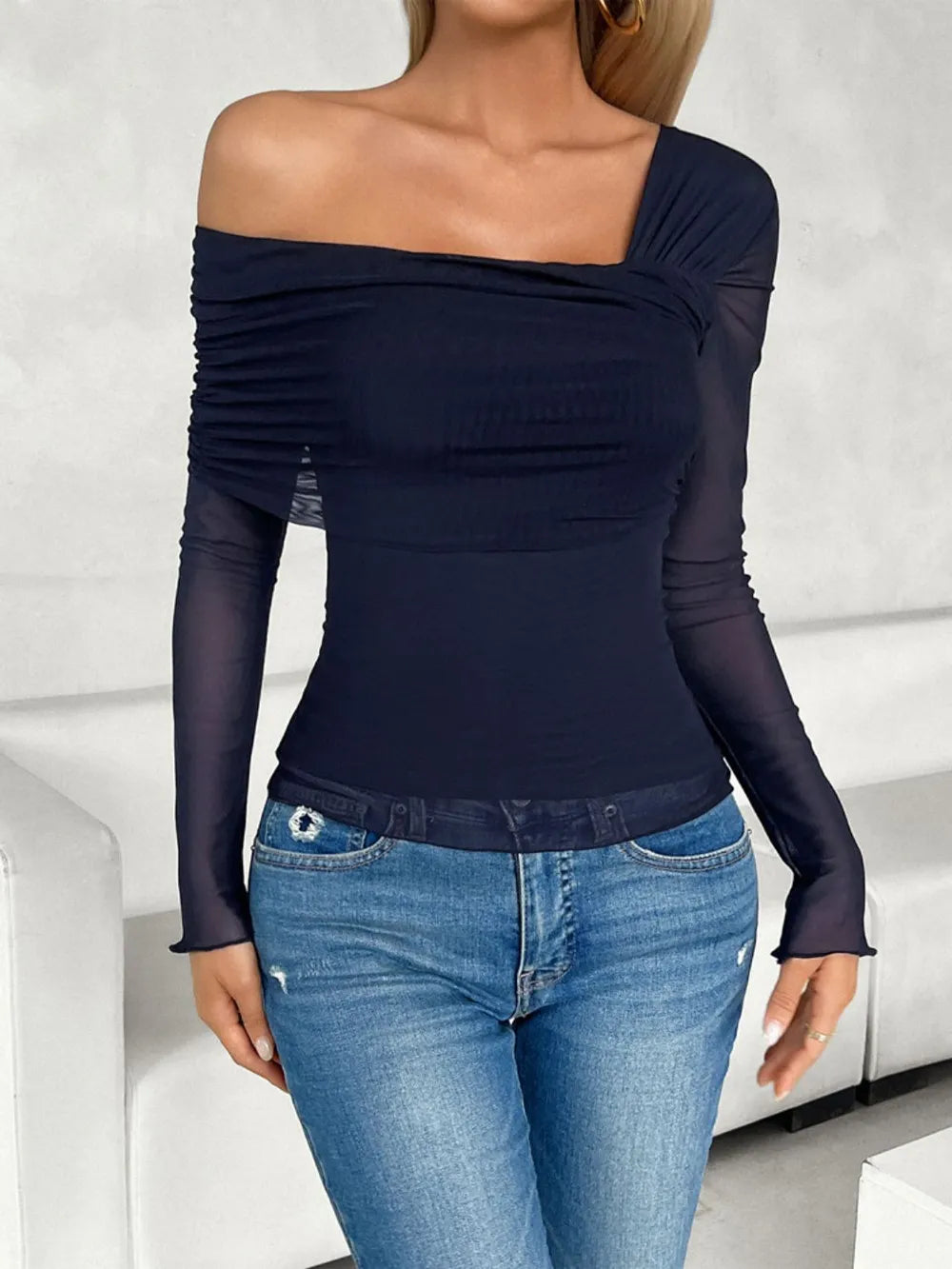Devine Ruched Asymmetrical Long Sleeve T-Shirt Dark Blue