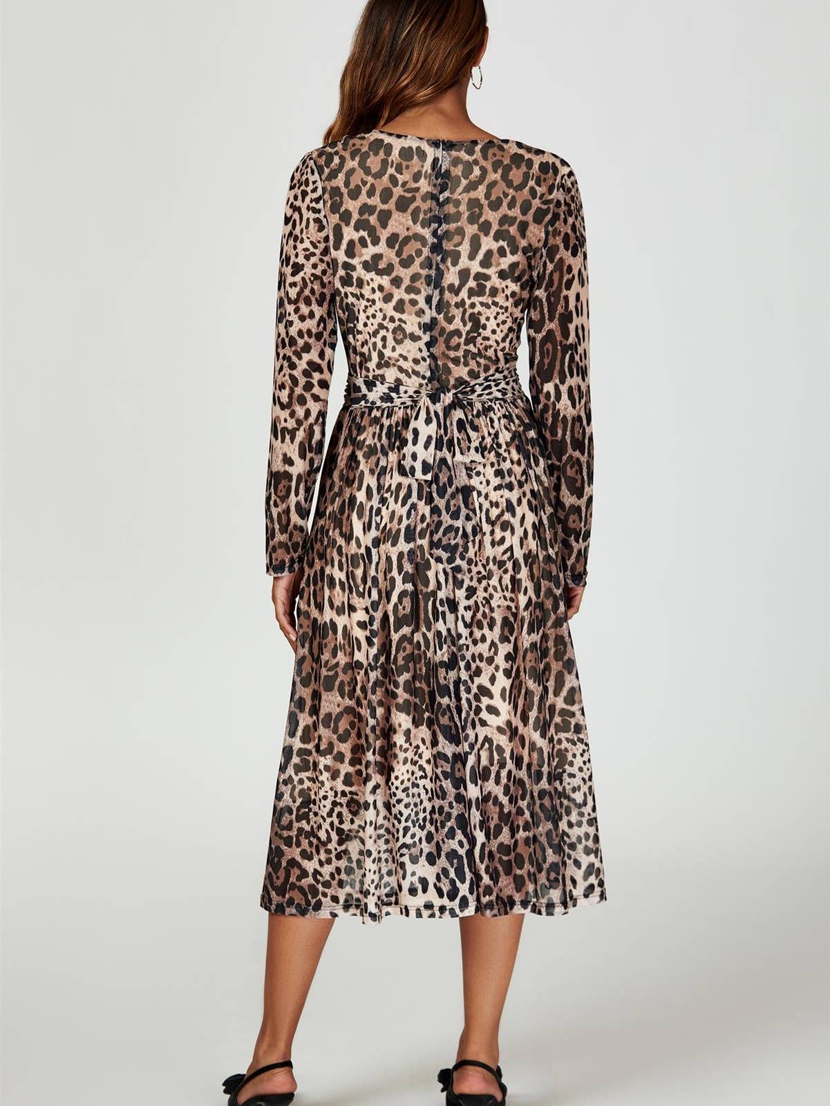 Leopard Print Mesh Midi Dress in Brown