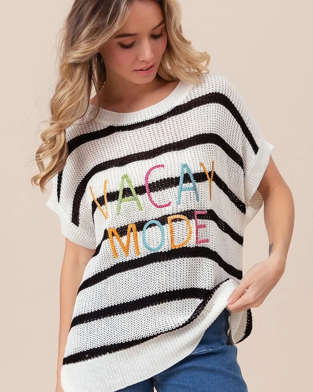 BiBi Vacay Mode Lettering Drop Shoulder Striped Sweater
