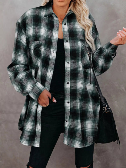 Full Size Plaid Button-Up Long Sleeve Shirt Plus Size Green