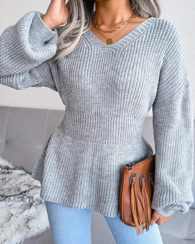 V-Neck Dropped Shoulder Sweater Grey