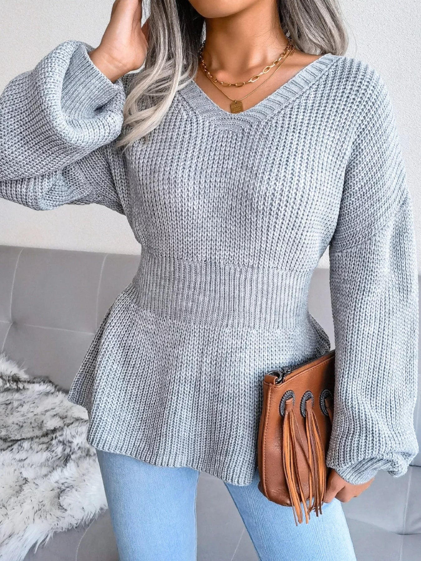 V-Neck Dropped Shoulder Sweater Grey