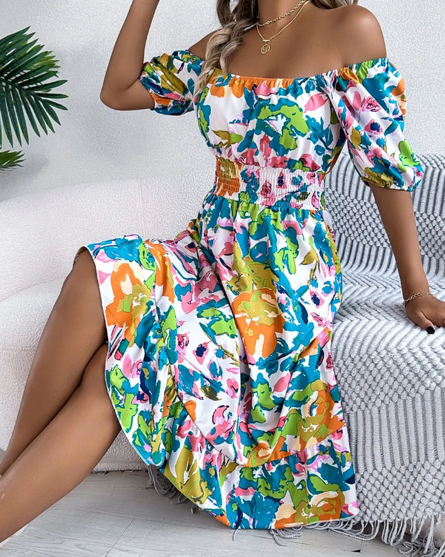 Ruffled Hem Smocked Floral Short Sleeve Midi Dress 