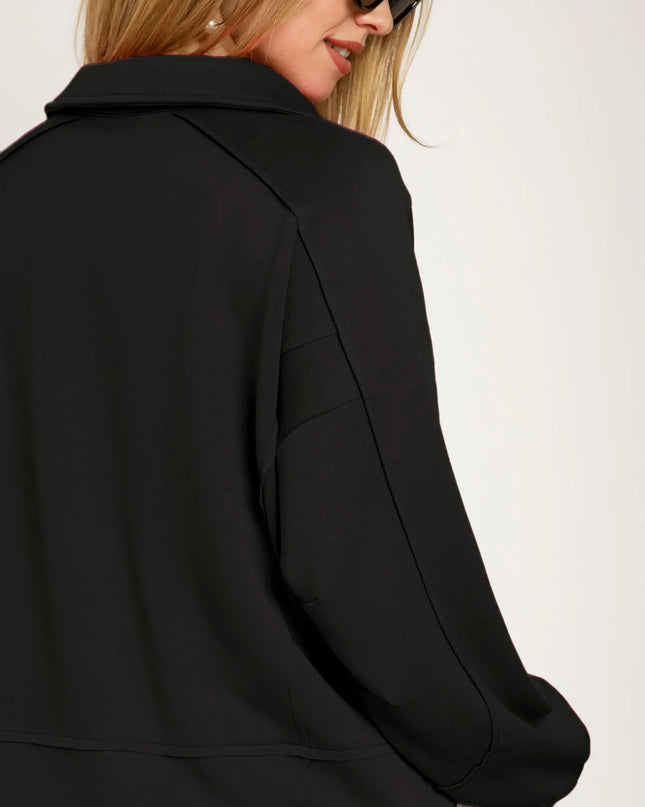 Umgee Collared Neck Long Sleeve Top with Raw Hem Detail