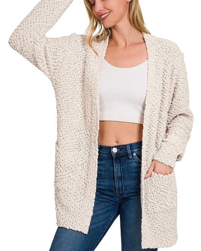 Zenana Long Sleeve Popcorn Sweater Cardigan with Pockets SAND BEIGE